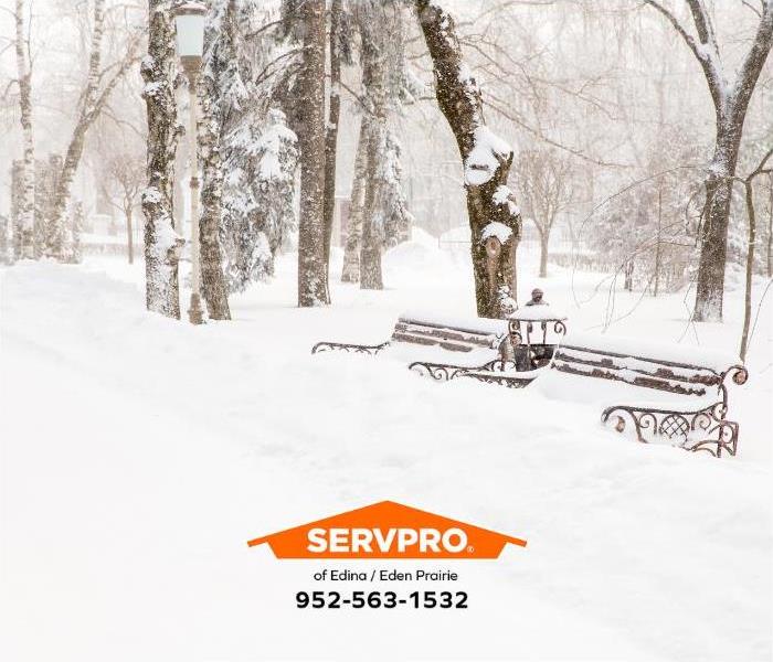 Snow covered park bench and snow covered trees.