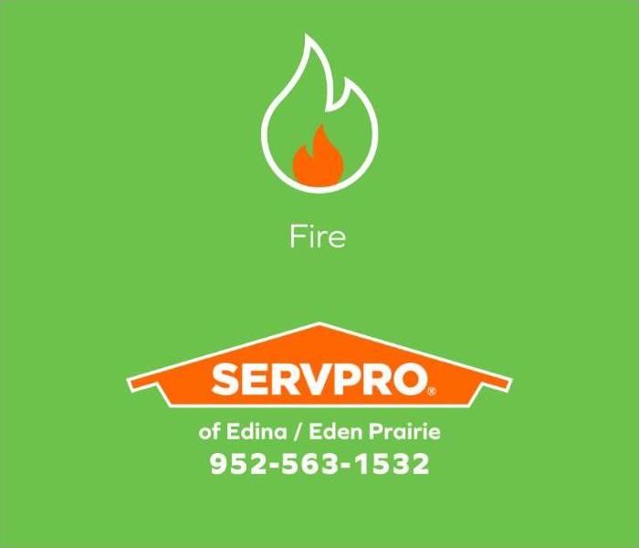 White fire icon with an orange SERVPRO house logo on a green background.
